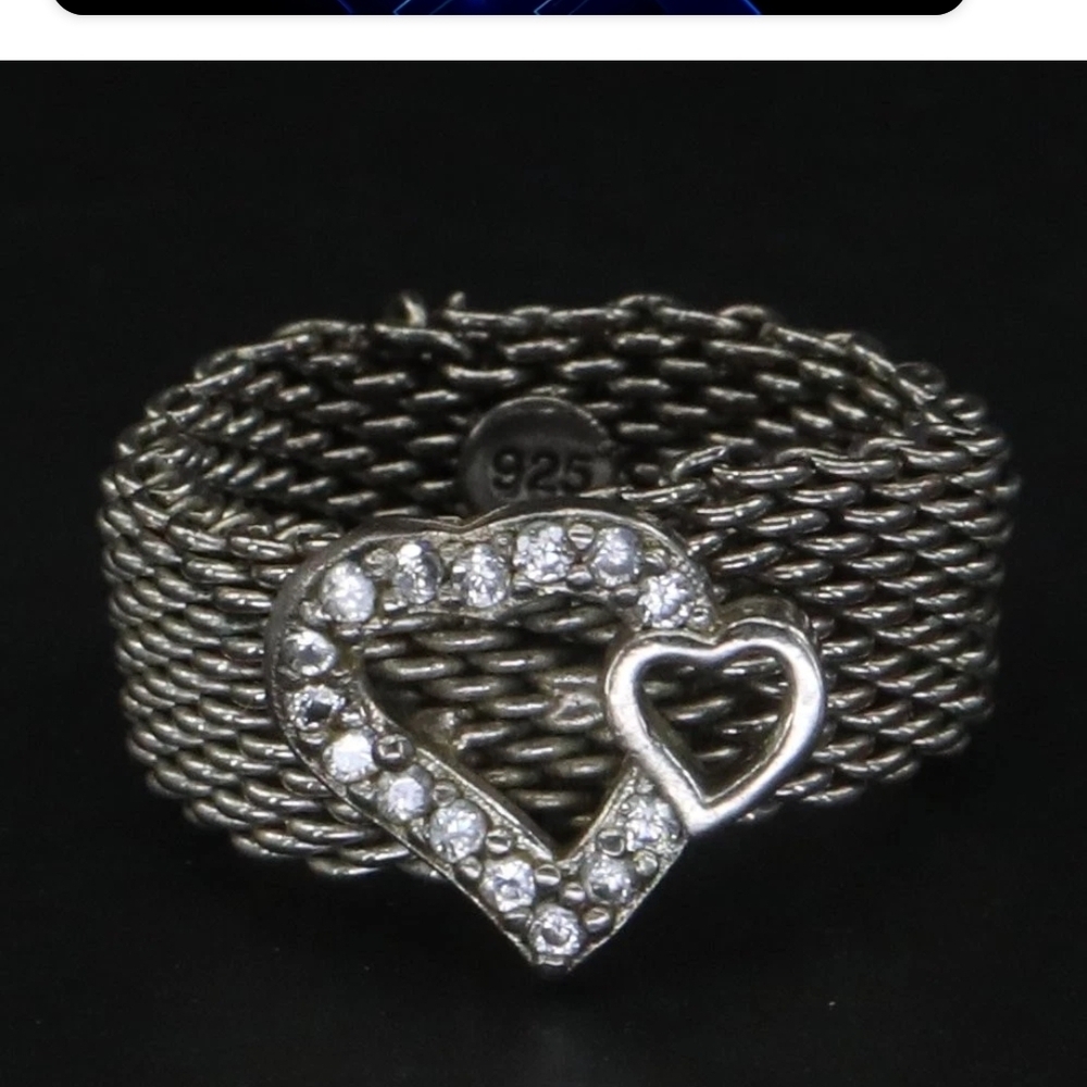 Silver Plated White CZ Heart Band Mesh Link‎ Band Ring